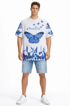 Erkek Asit Yıkamalı Oversize Tişört Mavi Kelebek Baskılı Dijital Print Bisiklet Yaka Streetwear TShirt