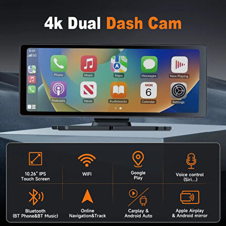 Çeşithane 10.26” 4K CarPlay & Android Auto Araç DVR – 2160P Ultra HD, 360° Döner Kamera, 5G WiFi, GPS Navigasyon