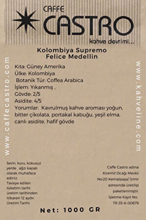 Kolombiya Supremo Filtre Kahve(Öğütülmüş) 1000 Gr. (4X250 GR)