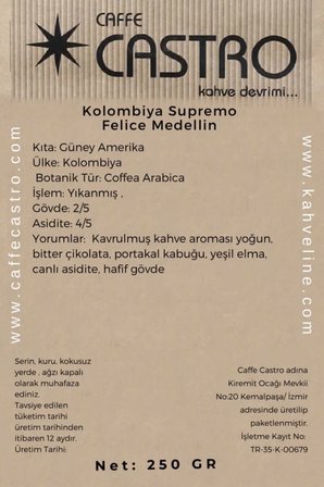 Kolombiya Supremo V60 Kahve (Öğütülmüş) 250 Gr.