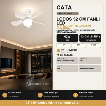 CATA Lodos Fan 62W Led Ampul Dimmerli 52cm (21inç) CT-1154