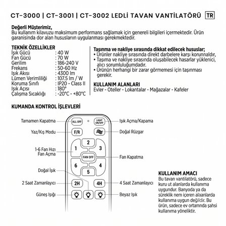 Cata Bern 132cm (52inç) Ledli Tavan Vantilatörü Kumandalı Ct-3002