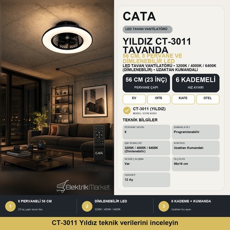 Cata Yıldız 56cm (23inç) Led Tavan Vantilatör Ct-3011
