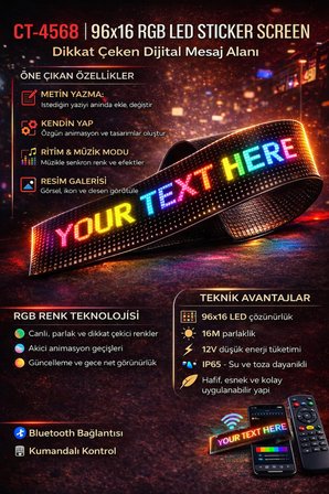 CT 4568 Esnek Yapışkanlı Led Panel 96X16 RGB