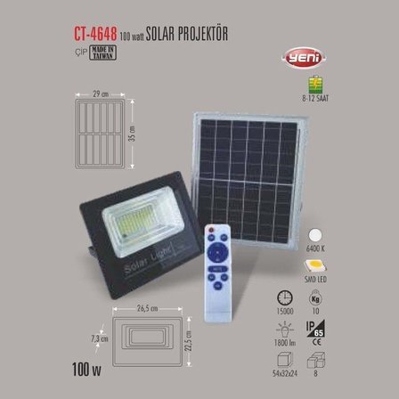 Cata 100W SOLAR Led Sokak Prjektör CT-4648 Beyaz Işık