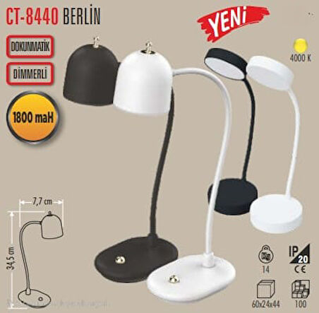 CATA CT-8440 BERLİN ŞARJLI MASA LAMBASI DİMMERLİ 4000K (SİYAH - BEYAZ KAS)