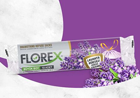 Florex 60 Litre Büzgülü Lavanta Kokulu Mor Çöp Torbası Poşeti / 65 x 70 Cm. - 10 Adetlik 1 Rulo