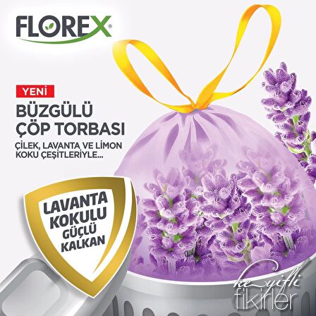 Florex 60 Litre Büzgülü Lavanta Kokulu Mor Çöp Torbası Poşeti / 65 x 70 Cm. - 10 Adetlik 1 Rulo