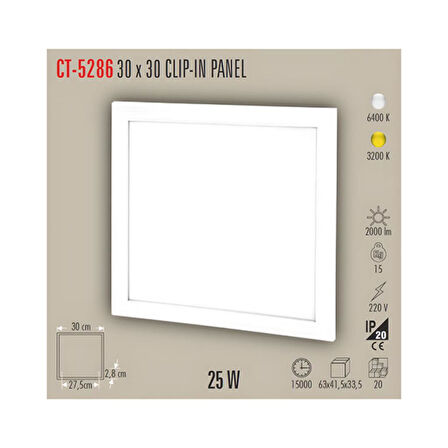 CATA CT 5286 25W 30x30 Clipin Led Panel Sıva Altı Günışığı