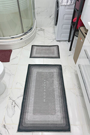 Bathroom Desenli Eko Banyo Paspası, Kaymaz Taban, Makinada Yıkanabilir, Dijital Baskı 2'li Set