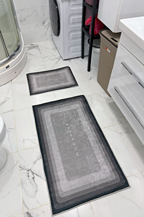 Bathroom Desenli Eko Banyo Paspası, Kaymaz Taban, Makinada Yıkanabilir, Dijital Baskı 2'li Set