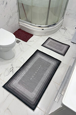 Bathroom Desenli Eko Banyo Paspası, Kaymaz Taban, Makinada Yıkanabilir, Dijital Baskı 2'li Set