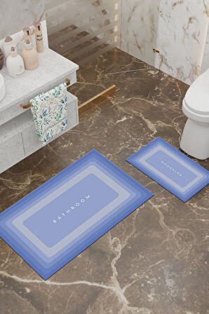Bathroom Desenli Eko Banyo Paspası, Kaymaz Taban, Makinada Yıkanabilir, Dijital Baskı 2'li Set