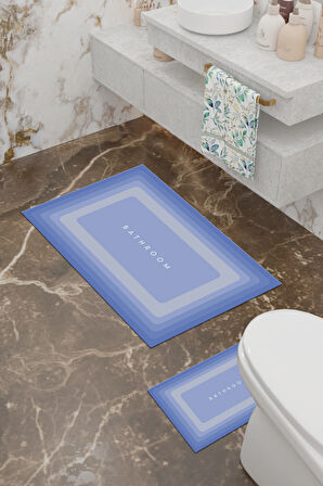 Bathroom Desenli Eko Banyo Paspası, Kaymaz Taban, Makinada Yıkanabilir, Dijital Baskı 2'li Set