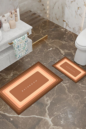 Bathroom Desenli Eko Banyo Paspası, Kaymaz Taban, Makinada Yıkanabilir, Dijital Baskı 2'li Set