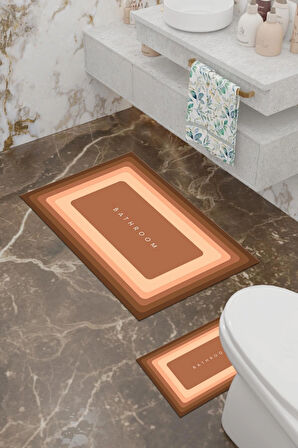 Bathroom Desenli Eko Banyo Paspası, Kaymaz Taban, Makinada Yıkanabilir, Dijital Baskı 2'li Set