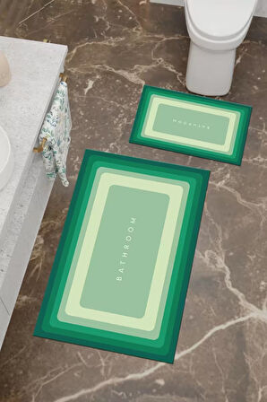 Bathroom Desenli Eko Banyo Paspası, Kaymaz Taban, Makinada Yıkanabilir, Dijital Baskı 2'li Set