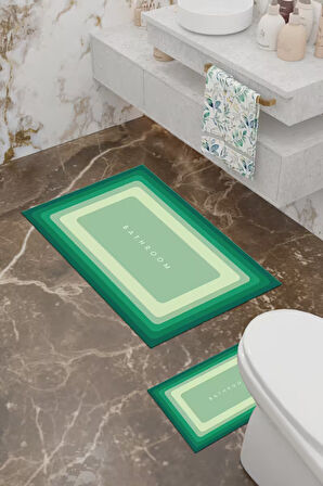 Bathroom Desenli Eko Banyo Paspası, Kaymaz Taban, Makinada Yıkanabilir, Dijital Baskı 2'li Set