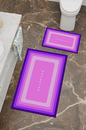 Bathroom Desenli Eko Banyo Paspası, Kaymaz Taban, Makinada Yıkanabilir, Dijital Baskı 2'li Set