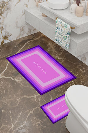 Bathroom Desenli Eko Banyo Paspası, Kaymaz Taban, Makinada Yıkanabilir, Dijital Baskı 2'li Set