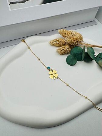 Nazar Boncuklu Yonca Çelik Bileklik (Gold) Blk 2137