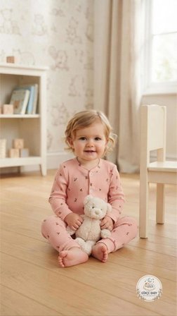 Gökçe Baby Çiçek Desenli Organik Pamuklu Bebek Tulumu – Uzun Kollu Pudra Pembe