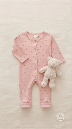 Gökçe Baby Çiçek Desenli Organik Pamuklu Bebek Tulumu – Uzun Kollu Pudra Pembe