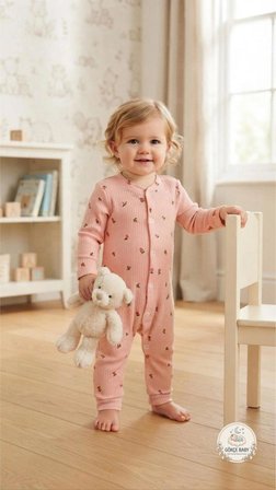 Gökçe Baby Çiçek Desenli Organik Pamuklu Bebek Tulumu – Uzun Kollu Pudra Pembe