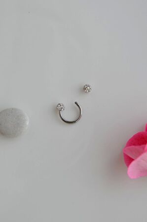 Gümüş Renk Çelik Taşlı Toplu Piercing 8 mm Smiley Piercing Helix Tragus Lob Kıkırdak