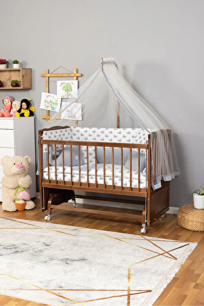 Bebek Beşiği GRİ BALİNA Ahşap Beşik Anne Yanı Yeni Doğan Tutku CEVİZUYKU SETLİ + TEKERLEKLİ