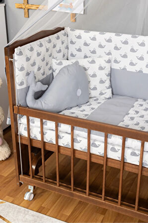 Bebek Beşiği GRİ BALİNA Ahşap Beşik Anne Yanı Yeni Doğan Tutku CEVİZUYKU SETLİ + TEKERLEKLİ