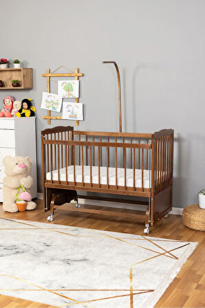 Tutku CEVİZ Bebek Beşiği Ahşap Beşik Anne Yanı Yeni Doğan TEK YATAK + TEKERLEKLİ