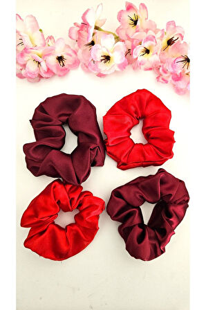 Kına ve Nişan Düğün için Lastikli Simit Kırmızı ve Bordo Saten 4lü Scrunchie Saç Toka Seti