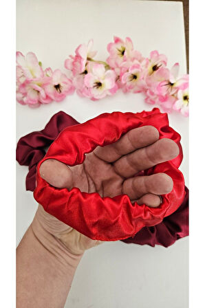 Kına ve Nişan Düğün için Lastikli Simit Kırmızı ve Bordo Saten 4lü Scrunchie Saç Toka Seti
