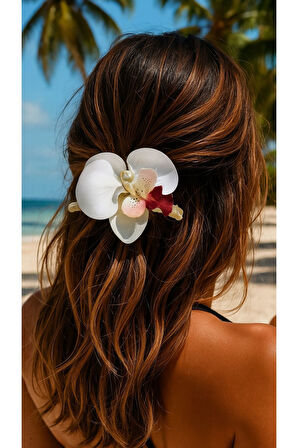 Orkide Çiçeği İncili Mandal Toka 10 cm Çift Taraflı 1 adet