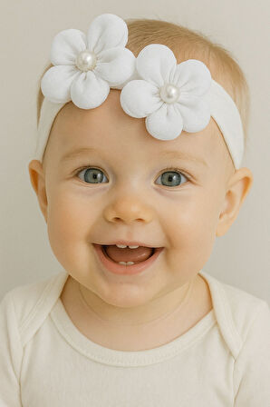 Çift Çiçekli İncili Çocuk & Bebek Saç Bandı - Özel Gün - Günlük Kullanım