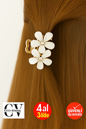 Beyaz Taşlı Çiçek Metal Mandal Toka 4 cm 