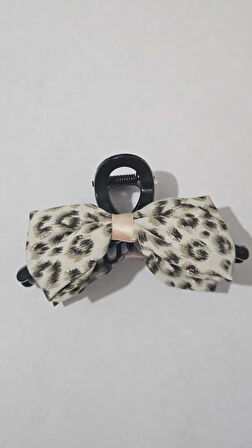Simli Leopar Desenli Krem Renk Fiyonk Mandal Toka 11 cm