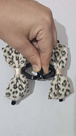 Simli Leopar Desenli Krem Renk Fiyonk Mandal Toka 11 cm