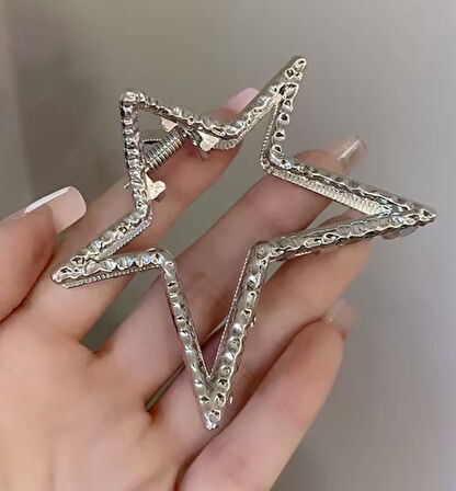 Gümüş Renk Metal Yıldız Model Mandal Saç Tokası 7 cm