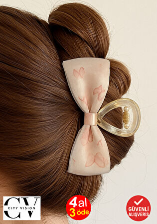 Pudra Pembe Kelebek Desenli Fiyonk Model Şeffaf Mandal Saç Tokası 11 cm  – Şık ve Zarif Tasarım