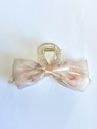 Pudra Pembe Kelebek Desenli Fiyonk Model Şeffaf Mandal Saç Tokası 11 cm  – Şık ve Zarif Tasarım