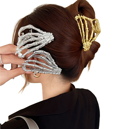İskelet El Tasarımlı Metal Mandal Saç Tokası Altın Renk 9 cm – Rock & Gotik Stil Şık Aksesuar