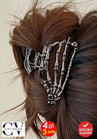 İskelet El Tasarımlı Metal Mandal Saç Tokası Siyah Renk 9 cm – Rock & Gotik Stil Şık Aksesuar