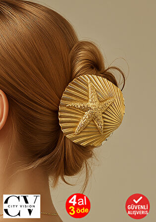 Deniz Yıldızı ve Deniz Kabuğu Tasarımlı Metal Mandal Saç Tokası Altın Renk 5 cm  – Zarif ve Şık Aksesuar