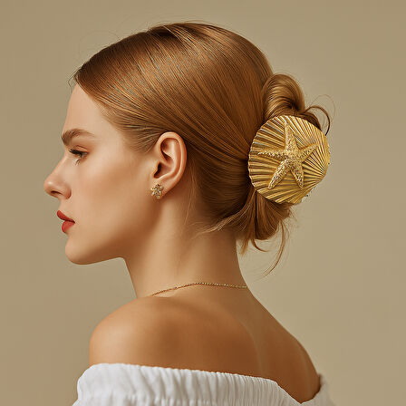 Deniz Yıldızı ve Deniz Kabuğu Tasarımlı Metal Mandal Saç Tokası Altın Renk 5 cm  – Zarif ve Şık Aksesuar