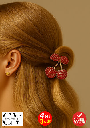 Taş Detaylı Kiraz Tasarımlı Metal Mandal Saç Tokası Kırmızı Renk 4 cm – Işıltılı ve Zarif Aksesuar