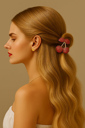 Taş Detaylı Kiraz Tasarımlı Metal Mandal Saç Tokası Kırmızı Renk 4 cm – Işıltılı ve Zarif Aksesuar