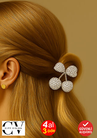 Taş Detaylı Kiraz Tasarımlı Metal Mandal Saç Tokası Beyaz Renk 4 cm – Işıltılı ve Zarif Aksesuar