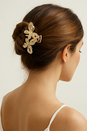 Taşlı Kelebek Tasarımlı Metal Mandal Saç Tokası Altın Renk 5 cm  – Zarif ve Işıltılı Aksesuar